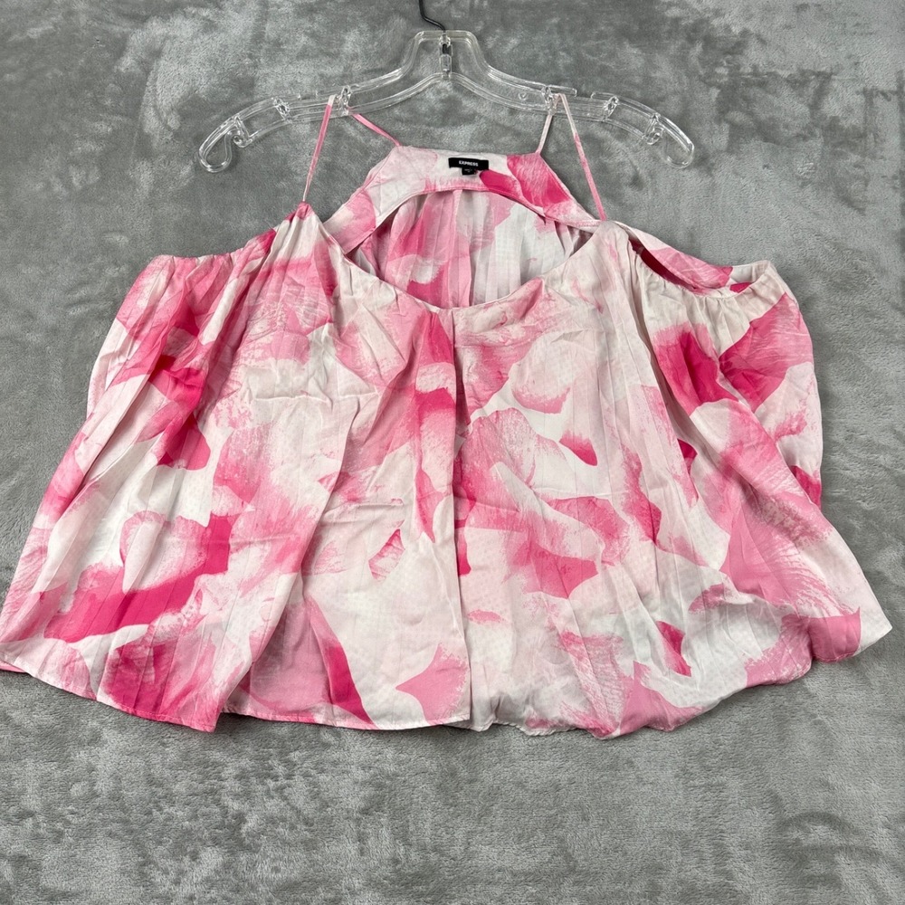 Express Pink Abstract Watercolor Pleated Cold Shoulder Halter Blouse Womens M